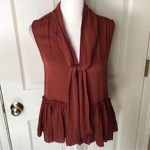 Frame Sleeveless Burnt Henna (Rust) Silk Pleated Neck Tie Top - Small